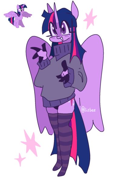 Size: 1061x1557 | Tagged: safe, artist:lizbee0820, derpibooru import, twilight sparkle, twilight sparkle (alicorn), alicorn, anthro, pony, clothes, image, open mouth, open smile, png, simple background, smiling, socks, solo, striped socks, sweater, thigh highs, white background