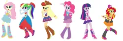 Size: 1275x431 | Tagged: safe, artist:diana173076, derpibooru import, applejack, fluttershy, pinkie pie, rainbow dash, rarity, sunset shimmer, twilight sparkle, twilight sparkle (alicorn), alicorn, human, equestria girls, alternate design, alternate hairstyle, alternate universe, boots, clothes, fall formal outfits, female, g4, grin, hat, humanized, image, mane six, open mouth, open smile, png, ponytail, shoes, simple background, smiling, top hat, white background