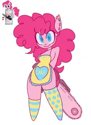Size: 1061x1450 | Tagged: safe, artist:lizbee0820, derpibooru import, pinkie pie, anthro, earth pony, pony, apron, chainsaw, clothes, cute, diapinkes, holding, image, png, smiling, socks, solo, standing