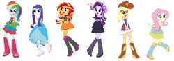 Size: 1276x450 | Tagged: safe, artist:diana173076, derpibooru import, applejack, fluttershy, rainbow dash, rarity, starlight glimmer, sunset shimmer, human, equestria girls, alternate design, alternate hairstyle, alternate universe, boots, butterfly hairpin, clothes, dashverse, fall formal outfits, g4, grin, hat, humanized, image, open mouth, open smile, png, shoes, simple background, smiling, white background