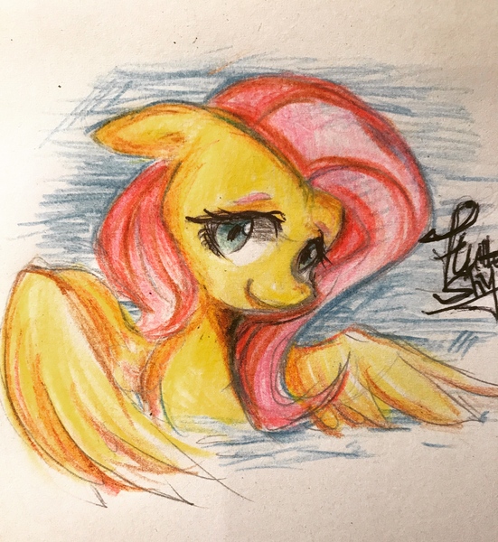 Size: 1837x2000 | Tagged: safe, artist:meowmeows, derpibooru import, fluttershy, pegasus, pony, colored pencil drawing, image, jpeg, smiling, solo, traditional art