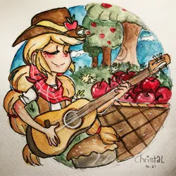 Size: 2773x2773 | Tagged: safe, artist:meowmeows, derpibooru import, applejack, human, apple, apple basket, basket, blue sky, day, eyes closed, female, food, grass, guitar, humanized, image, jpeg, musical instrument, playing guitar, smiling, solo, tree