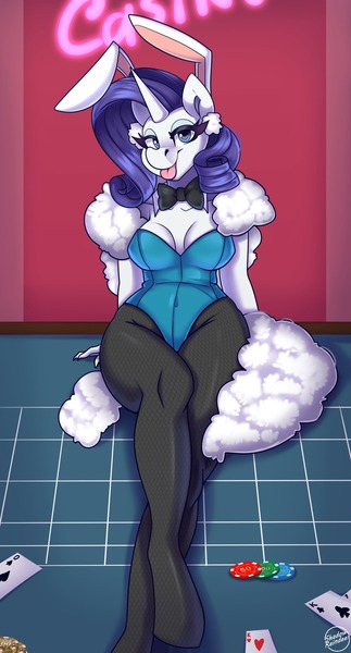 Size: 1750x3250 | Tagged: suggestive, artist:shadowreindeer, derpibooru import, rarity, anthro, unguligrade anthro, unicorn, :p, breasts, bunny suit, casino, cleavage, clothes, female, g4, image, jpeg, looking at you, playboy bunny rarity, solo, solo female, table, tongue out