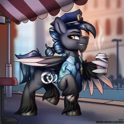 Size: 3000x3000 | Tagged: safe, artist:jedayskayvoker, derpibooru import, oc, oc:shrapnel (gearslavehorse), pegasus, pony, blurry background, chin fluff, clothes, cocky, coffee, coffee cup, cup, facial markings, folded wings, grin, image, looking back, male, necktie, pegasus oc, png, police, police officer, police pony, police uniform, ponytail, scar, smiling, solo, stallion, thick eyebrows, unshorn fetlocks, wing hands, wings