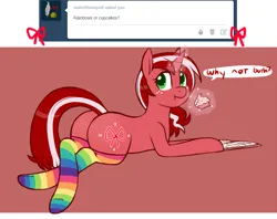 Size: 900x712 | Tagged: safe, artist:redintravenous, derpibooru import, oc, oc:red ribbon, pony, ask red ribbon, book, clothes, cupcake, female, food, image, lying down, magic, mare, png, prone, rainbow socks, socks, solo, striped socks