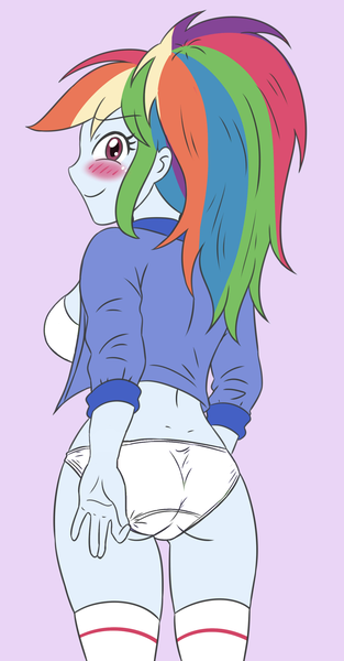 Size: 1788x3425 | Tagged: suggestive, artist:sumin6301, derpibooru import, edit, editor:mlplove, rainbow dash, human, equestria girls, 2d, ass, blushing, blushing profusely, bra, breasts, busty rainbow dash, butt, clothes, colored background, cotton panties, cute, female, g4, gloves, hand on hip, image, jacket, legs, looking at you, looking back, looking back at you, open hand, panties, panty pull, png, purple background, rainbutt dash, rear view, sideboob, simple background, smiling, smiling at you, socks, solo, thigh highs, thigh socks, thighs, underwear, white bra, white panties, white socks, white underwear