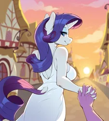 Size: 1952x2160 | Tagged: safe, ai content, derpibooru import, machine learning generated, rarity, spike, anthro, dragon, unicorn, beautiful, clothes, dress, ear fluff, female, holding hands, image, male, png, romance, romantic, shipping, sparity, straight, sunset