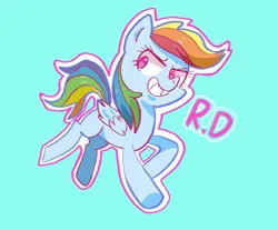 Size: 2219x1836 | Tagged: safe, artist:meowmeows, derpibooru import, rainbow dash, pegasus, pony, bean mouth, blue background, cyan background, female, grin, image, jpeg, mare, outline, simple background, smiling, solo, white outline