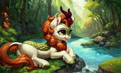 Size: 5120x3072 | Tagged: safe, ai content, derpibooru import, machine learning generated, prompter:kluknawa235, stable diffusion, autumn blaze, kirin, dock, ear fluff, g4, generator:pony diffusion v6 xl, generator:purplesmart.ai, image, jpeg, lying, nature, river, smiling, tail, tree, water