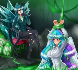 Size: 1062x951 | Tagged: suggestive, artist:racoonsan, derpibooru import, princess celestia, queen chrysalis, changeling, changeling queen, goo, human, alicorn humanization, bondage, breasts, business suit, busty princess celestia, button-up shirt, chair, changeling slime, clothes, crossed legs, dress shirt, duo, duo female, egg, eyeshadow, female, g4, green eyeshadow, high heels, horn, horned humanization, humanized, image, jpeg, long hair, makeup, miniskirt, pantyhose, ripped pantyhose, shirt, shoes, sinking, sitting, skirt, skirt lift, skirt suit, slime, socks, stockings, suit, thigh highs, throne, torn clothes, tube skirt, winged humanization, wings