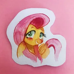Size: 3024x3024 | Tagged: safe, artist:meowmeows, artist:meowmeows4872, derpibooru import, fluttershy, pegasus, pony, female, grin, image, jpeg, mare, smiling, solo, teeth, traditional art, watercolor painting