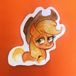 Size: 2820x2821 | Tagged: safe, artist:meowmeows, artist:meowmeows4872, derpibooru import, applejack, earth pony, pony, female, gradient background, image, jpeg, mare, smiling, solo, traditional art, watercolor painting