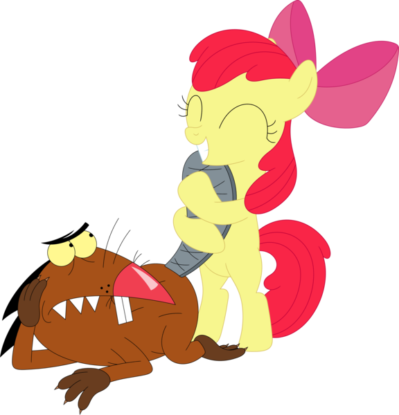 Size: 3419x3559 | Tagged: safe, artist:porygon2z, derpibooru import, apple bloom, beaver, earth pony, pony, adorabloom, angry beavers, bipedal, crossover, cute, daggett doofus beaver, eyes closed, female, filly, foal, grinding, image, png, simple background, tail, transparent background