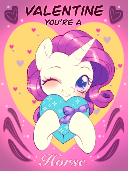 Size: 700x937 | Tagged: safe, artist:cabbage-arts, derpibooru import, rarity, pony, unicorn, blushing, chocolate, food, holiday, image, jpeg, one eye closed, present, smiling, solo, valentine's day, wink