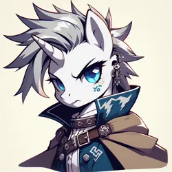Size: 1024x1024 | Tagged: safe, ai content, derpibooru import, machine learning generated, prompter:lancer-thunderstorm, oc, oc:lancer thunderstride, unofficial characters only, pony, unicorn, blue eyes, brown coat, clothes, collar, eyelashes, feral, generator:dall-e 3, grey hair, image, jpeg, light skin, male, simple background, solo, stallion