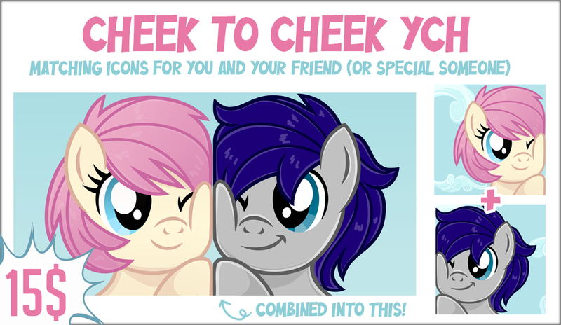 Size: 1128x654 | Tagged: safe, artist:jennieoo, derpibooru import, oc, oc:gentle star, oc:maverick, earth pony, pegasus, pony, cheek squish, cheek to cheek, cloud, commission, image, matching icons, png, show accurate, simple background, sky, solo, squishy cheeks, ych example, your character here
