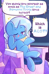 Size: 1200x1800 | Tagged: safe, artist:typhwosion, derpibooru import, trixie, pony, unicorn, blushing, female, g4, image, looking at you, mare, narcissism, one eye closed, open mouth, png, positive ponies, solo, text, third person, wink, winking at you
