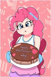 Size: 720x1071 | Tagged: safe, artist:leo19969525, derpibooru import, pinkie pie, human, equestria girls, :o, abstract background, cake, clothes, cute, diapinkes, female, food, g4, happy valentines day, heart, holiday, human coloration, humanized, image, jpeg, looking at you, open mouth, oven mitts, solo, tanktop, valentine's day