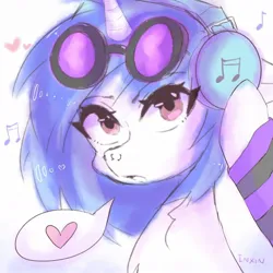 Size: 1114x1114 | Tagged: safe, artist:inxinfate, derpibooru import, vinyl scratch, pony, unicorn, bust, female, g4, glasses, headphones, heart, image, jpeg, looking at you, mare, music notes, nose piercing, open mouth, piercing, septum piercing, signature, simple background, solo, speech bubble, white background