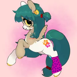 Size: 9000x9000 | Tagged: safe, artist:iorismlp, derpibooru import, oc, oc:jade crest, pegasus, clothes, colored hooves, cute, ear piercing, eyelashes, flower, gold hooves, golden eyes, green hair, hibiscus, hooves, image, leg warmers, leopard print, long hair, long mane, long tail, lying down, nose piercing, piercing, pigtails, png, side, spotted, tail, yellow eyes