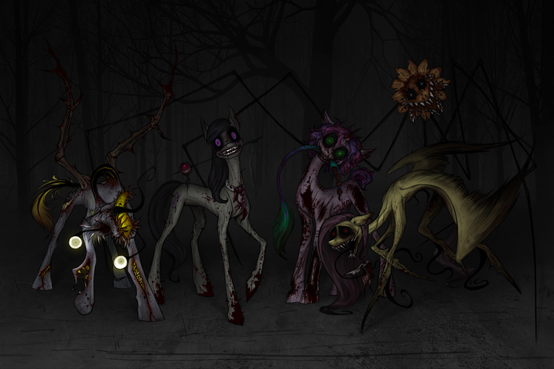 Size: 1500x1000 | Tagged: semi-grimdark, artist:jehr, derpibooru import, angel bunny, derpy hooves, fluttershy, octavia melody, oc, oc:lony, oc:melody (melodylibris), oc:sunny hase, earth pony, monster pony, pegasus, pony, rabbit, undead, unicorn, zombie, zombie pony, animal, black eye, black sclera, blood, bloodshot eyes, bone, breasts, cannibalism, creepy, delicious flat chest, eating, emaciated, evil, female, flattershy, forest, glow, glowing eyes, glowing mouth, horror, image, long legs, long tongue, looking at you, mlp infection, monster, mutant, mutated zombie, mutation, nature, night, open mouth, png, scary, sharp teeth, skinny, spikes, spine, tail, teeth, thin, thin legs, tongue out, tree, virus, wings