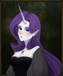 Size: 2426x2919 | Tagged: safe, artist:rtcat, derpibooru import, rarity, human, alternate hairstyle, blushing, breasts, clothes, dress, ear piercing, earring, elf ears, eyeshadow, female, horn, horned humanization, humanized, image, jewelry, makeup, necklace, open mouth, piercing, png, pony coloring, solo