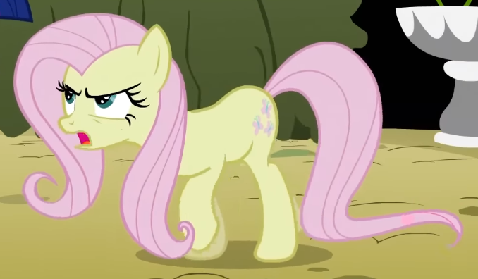 Size: 678x396 | Tagged: safe, derpibooru import, screencap, fluttershy, twilight sparkle, earth pony, pony, season 2, the return of harmony, annoyed, cropped, discorded, earth pony fluttershy, female, flutterbitch, fluttercruel, frown, g4, image, looking at someone, mare, missing wing, offscreen character, open mouth, png, race swap, walking
