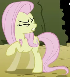 Size: 453x499 | Tagged: safe, derpibooru import, screencap, fluttershy, earth pony, pony, season 2, the return of harmony, cropped, discorded, earth pony fluttershy, eyes closed, female, flutterbitch, fluttercruel, g4, image, mare, missing wing, png, race swap, raised hoof, standing, turned head