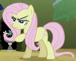 Size: 609x492 | Tagged: safe, derpibooru import, screencap, fluttershy, earth pony, pony, season 2, the return of harmony, annoyed, cropped, discorded, earth pony fluttershy, female, flutterbitch, fluttercruel, g4, image, lidded eyes, looking at someone, mare, missing wing, offscreen character, png, race swap, raised hoof, solo, standing