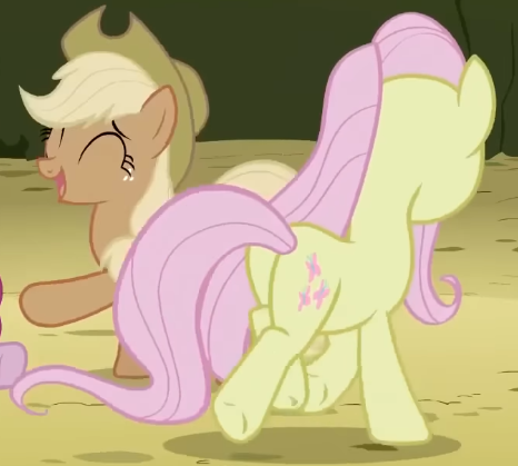 Size: 466x419 | Tagged: safe, derpibooru import, screencap, applejack, fluttershy, earth pony, pony, season 2, the return of harmony, applejack's hat, butt, cowboy hat, cropped, discorded, duo, duo female, earth pony fluttershy, eyes closed, female, flutterbitch, fluttercruel, g4, hat, image, laughing, liarjack, mare, missing wing, offscreen character, plot, png, race swap, trotting
