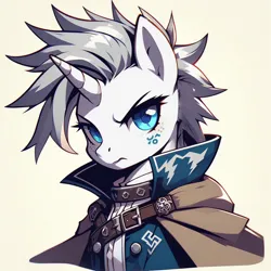 Size: 1024x1024 | Tagged: safe, ai content, derpibooru import, edit, machine learning generated, prompter:lancer-thunderstorm, oc, oc:lancer thunderstride, unofficial characters only, pony, unicorn, blue eyes, brown coat, clothes, collar, eyelashes, feral, generator:dall-e 3, grey hair, image, light skin, male, png, simple background, solo, stallion