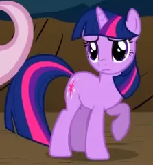 Size: 225x242 | Tagged: safe, derpibooru import, screencap, twilight sparkle, pony, unicorn, season 2, the return of harmony, cropped, female, frown, g4, image, looking at someone, mare, offscreen character, png, raised hoof, standing, unicorn twilight, worried