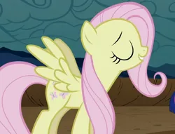 Size: 862x657 | Tagged: safe, derpibooru import, screencap, fluttershy, pegasus, pony, season 2, the return of harmony, cropped, discorded, eyes closed, female, flutterbitch, fluttercruel, g4, image, mare, offscreen character, png, smug, spread wings, wings