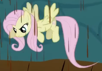 Size: 329x229 | Tagged: safe, derpibooru import, screencap, fluttershy, pegasus, pony, season 2, the return of harmony, chocolate, chocolate rain, cropped, discorded, female, flutterbitch, fluttercruel, flying, food, g4, image, looking at someone, looking down, mare, offscreen character, png, rain, solo