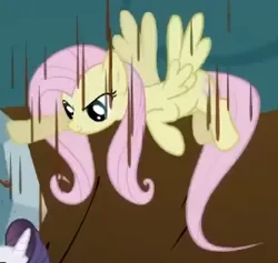 Size: 272x258 | Tagged: safe, derpibooru import, screencap, fluttershy, pegasus, pony, season 2, the return of harmony, chocolate, chocolate rain, cropped, discorded, female, flutterbitch, fluttercruel, flying, food, g4, image, looking at someone, looking down, mare, offscreen character, png, pure unfiltered evil, rain, touching