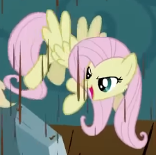Size: 225x223 | Tagged: safe, derpibooru import, screencap, fluttershy, pegasus, pony, season 2, the return of harmony, chocolate, chocolate rain, cropped, discorded, female, flutterbitch, fluttercruel, flying, food, g4, image, laughing, looking at someone, looking down, mare, offscreen character, open mouth, open smile, png, pure unfiltered evil, rain, smiling