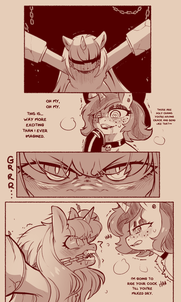 Size: 864x1440 | Tagged: questionable, artist:cold-blooded-twilight, derpibooru import, twilight sparkle, oc, oc:lilith, unicorn, cold blooded twilight, blushing, bondage, chains, choker, clothes, comic, dialogue, fangs, femsub, freckles, gag, glow, glowing eyes, image, implied futa, leggings, monochrome, png, sketch, submissive, tongue out, twisub