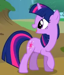 Size: 305x353 | Tagged: safe, derpibooru import, screencap, twilight sparkle, pony, unicorn, season 2, the return of harmony, cropped, cute, female, g4, image, looking at someone, looking back, mare, open mouth, open smile, png, raised hoof, smiling, standing, turned head, twiabetes, unicorn twilight