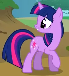 Size: 316x347 | Tagged: safe, derpibooru import, screencap, twilight sparkle, pony, unicorn, season 2, the return of harmony, cropped, cute, female, g4, grin, image, looking at someone, looking back, mare, open mouth, png, raised hoof, smiling, standing, turned head, twiabetes, unicorn twilight