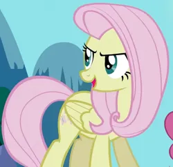 Size: 614x594 | Tagged: safe, derpibooru import, screencap, fluttershy, pegasus, pony, season 2, the return of harmony, cropped, discorded, female, flutterbitch, fluttercruel, folded wings, g4, image, looking back, mare, offscreen character, open mouth, open smile, png, smiling, turned head, wings