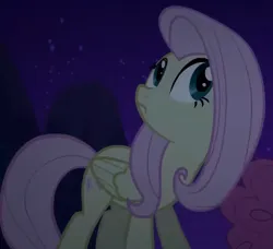 Size: 712x650 | Tagged: safe, derpibooru import, screencap, fluttershy, pegasus, pony, season 2, the return of harmony, cropped, discorded, female, flutterbitch, fluttercruel, folded wings, g4, image, looking up, mare, night, png, shocked, surprised, wings