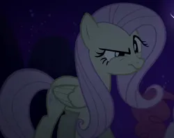 Size: 750x594 | Tagged: safe, derpibooru import, screencap, fluttershy, pegasus, pony, season 2, the return of harmony, cropped, discorded, female, flutterbitch, fluttercruel, folded wings, g4, image, mare, night, offscreen character, png, solo focus, squint, wings