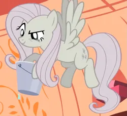 Size: 713x653 | Tagged: safe, derpibooru import, screencap, fluttershy, pegasus, pony, season 2, the return of harmony, bucket, cropped, discorded, eyebrows, female, flutterbitch, fluttercruel, flying, g4, hoof hold, image, mare, png, raised eyebrow, solo