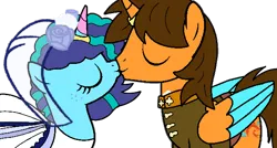 Size: 600x322 | Tagged: safe, artist:noi kincade, derpibooru import, oc, oc:ej, alicorn, pony, unicorn, g5, bride, canon x oc, clothes, dress, female, g4, g5 to g4, generation leap, groom, image, kissing, male, marriage, misty brightdawn, png, shipping, simple background, solo, straight, suit, transparent background, wedding, wedding dress