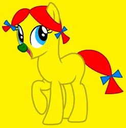 Size: 757x767 | Tagged: safe, artist:shewakiss, artist:spitfirethepegasusfan39, ponerpics import, ponified, earth pony, pony, adult blank flank, base used, blank flank, bow, female, freckles, g4, green nose, hair bow, image, little miss, little miss trouble, mare, mr. men, mr. men little miss, open mouth, open smile, pigtails, png, raised hoof, raised leg, simple background, smiling, solo, tail bow, trouble, yellow background
