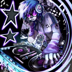 Size: 1280x1280 | Tagged: safe, artist:inxinfate, derpibooru import, vinyl scratch, human, equalizer, female, g4, glasses, headphones, humanized, image, jewelry, jpeg, music notes, necklace, nose piercing, painted nails, piercing, record, record player, septum piercing, signature, solo, stars, tattoo, turntable