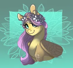 Size: 1700x1600 | Tagged: safe, artist:voncikama, derpibooru import, fluttershy, pegasus, pony, bust, cute, female, flower, flower in hair, g4, gradient background, image, looking at you, mare, png, shyabetes, smiling, smiling at you, solo