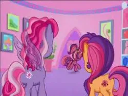 Size: 259x194 | Tagged: safe, derpibooru import, screencap, cheerilee, cheerilee (g3), scootaloo, scootaloo (g3), starsong, g3, braid, butt, cutie mark, door, g3.5, image, jpeg, pigtails, plot, rear view, running, tail, waiting for the winter wishes festival, wings