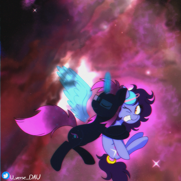 Size: 3000x3000 | Tagged: safe, artist:juniverse, derpibooru import, oc, oc:juniverse, oc:osiris eclipse, unofficial characters only, alicorn, earth pony, pony, commission, duo, eyes closed, glow, glowing horn, horn, hug, image, magic, messier 42, nebula, png, smiling, space, space pony, spread wings, stars, surprise hug, universe, wings