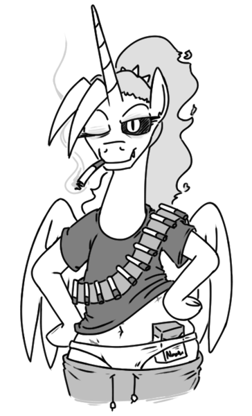 Size: 425x701 | Tagged: safe, artist:jargon scott, derpibooru import, oc, oc:dyx, unofficial characters only, alicorn, pony, semi-anthro, bandolier, belly button, black and white, black sclera, cigarette, cigarette pack, clothes, female, grayscale, hoof on hip, image, looking at you, mare, monochrome, older, older dyx, panties, pants, png, simple background, smiling, smiling at you, smoking, solo, sweatpants, underwear, white background